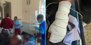 A photo collage of Kakamega Senator attending to a man attacked by the son (left) and the man's bandaged arm (right).