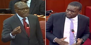 A photo collage of Kakamega Senator Boni Khalwale (left) and his Nairobi Counterpart Edwin Sifuna during a heated debate in Parliament on August 3, 2023. 