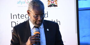 UoN Vice Chancellor Dr Stephen Kiama addresses during the launch of the Afya Kenya Integrated Health System at the university on February 14,2023