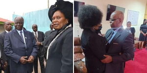 A side=by-side image of Kenya's third President Mwai Kibaki and former Othaya MP Mary Wambui during a past event. Wambui embraces Jimmy Kibaki at Parliament Buildings. 