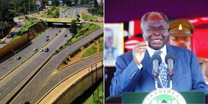 A photo collage of a section of Thika Road unveiled on November 12, 2013 (left) and former President Mwai Kibaki speaking at a national event on June 2010 (right).