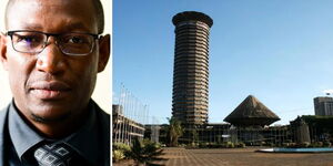 KICC new CEO James Mbugua Mwaura (left) and KICC tower in Nairobi.