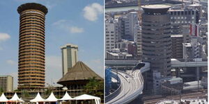Photo collage of Kenyatta International Convention Centre (KICC), an icon and landmark for Kenya and Gate Tower in Osaka Japan