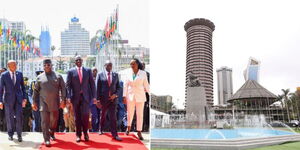 A photo collage of President William Ruto leading other presidents and other government officials including Deputy President Rigathi Gachagua and Environment CS Soipan Tuya at KICC on September 4, 2023 (left) and  KICC which is hosting the 2023 Africa Climate Summit (right)
