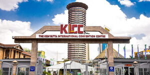 The KICC entrance and building in Nairobi County.