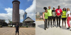 A photo collage of Kiprono Leting at KICC entrance (left) and members of Heels on Mountains at the top of KICC centre (right).