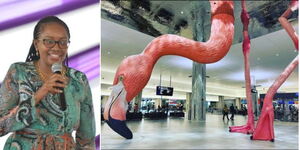 Photo collage of Nakuru Governor Susan Kihika and a flamingo sculpture at Tampa International Airport, US