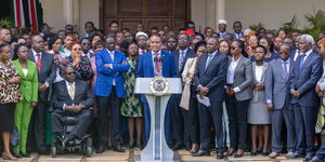 President William Ruto alongside Kenya Kwanza legislators during a press briefing on June 19, 2024. 