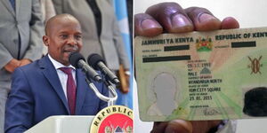 Interior Cabinet Secretary Kithure Kindiki speaking on May 15, 2023 and a person holding his national identity card