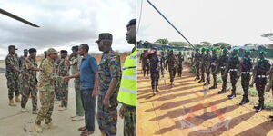 A photo collage of Interior CS Kithure Kindiki (left) meeting security officers in North Eastern and CDF Francis Ogolla inspecting a guard of honour (right) in Kismayo, Somalia. 