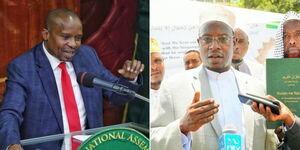 Photo collage of Interior Cabinet Secretary Kithure Kindiki in parliament on April 12, 2023, and Supreme Council of Kenya Muslims (Supkem) Chairman Hassan Ole Naado Speaking on October 23, 2021.