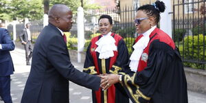Deputy President Kithure Kindiki (left)being received by Chief justice Martha Koome (right) and DCJ Philomena Mwilu at the supreme court building on Friday, November 21,2025.