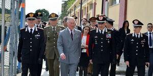 King Charles III (centre) during a visit at the Center of Excellence for Stability Police Units (CoESPU) in Vicenza, Italy on April 1, 2017.