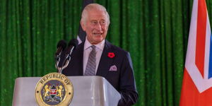 King Charles III gives a speech during the State Banquet at State House on October 31, 2023. 