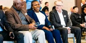 Asenath Kiptum, the late marathoner's wife (center) during the Rotterdam Marathon in Netherlands on April 14, 2024