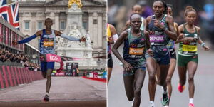 A photo collage of Kelvin Kiptum (left) and Peres Jepchirchir (front left) in action during the 2023 London Marathon.