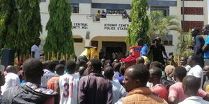 A photo of residents gathering at Kisumu Central Police Station in May 2023. 
