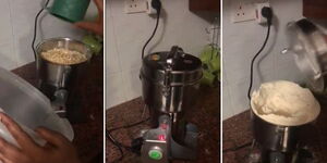 A photo collage of the kitchen posho mill called Newtry grain grinder that grinds maize to unga within 30 seconds. 