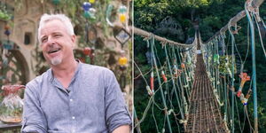 A collage image of Anselm Croze (Left) and the Kitengela Glass Suspension Bridge(Right)