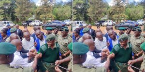 A photo collage of Interior CS Kithure Kindiki (in white shirt) bestowing a badge of honour to newly promoted corporal at Mwea Prisons on Monday, May 8, 2023.