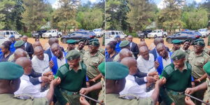 A photo collage of Interior CS Kithure Kindiki (in white shirt) bestowing a badge of honour to newly promoted corporal at Mwea Prisons on Monday, May 8, 2023.
