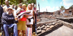 A collage of Westlands MP Tim Wanyonyi and the burnt houses in Kitisuru.