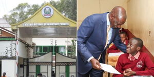 A collage of the entrance to the KNEC offices in Nairobi and President William Ruto during the kick off for the KCPE examinations in 2023. 