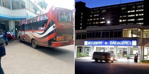 A photo collage of the K-Trans Ltd bus parked at KNH on May 19, 2023 (left) and the entrance of the accident and emergency unit of the hospital (right).