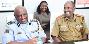 Police IG Japhet Koome (left) and the Deputy IG Noor Gabow (right) in a meeting at their offices on February 13, 2023