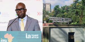 Foreign Affairs Principal Secretary Korir Sing'oei speaking during a conference (left) and the DRC embassy in Nairobi.