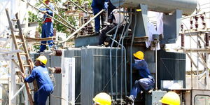 Kenya Power engineers carry out maintenance work at a power sub-station in Mombasa