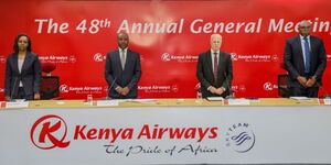  (L-R) Hellen Mathuka, Chief Finance Officer of Kenya Airways; Allan Kilavuka, Group Managing Director & Chief Executive Officer of Kenya Airways; Michael Joseph, Board Chairman of Kenya Airways; and Habil Waswani, Company Secretary and Director of Legal at Kenya Airways.