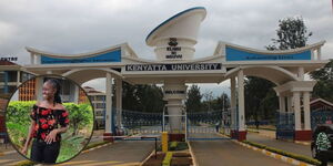 A photo of Kenyatta University Main gate and June Jerop (in a circle). Jerop was found murdered on Monday, March 20.
