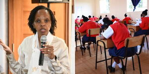 A photo collage of the Kenya Universities and Colleges Central Placement Service CEO Nancy Wahome and students sitting for KCSE exams