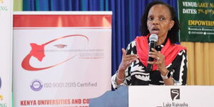 KUCCPS CEO Dr.Mercy Wahome speaks during a TVET forum on March 8, 2024.