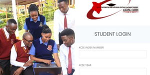 A photo collage of Kenya Medical Training College (KMTC) students seated at their campus in Nairobi (left) and the KUCCPS application portal (right).