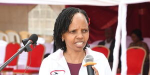 KUCCPS CEO Agnes Mercy Wahome speaks during a career guidance forum held at Kangaru School in Embu County on July 15, 2023. 