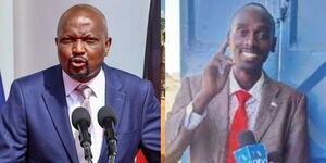 A collage of Public Service CS Moses Kuria along-side Meru-Based blogger Daniel Muthiani (Sniper)