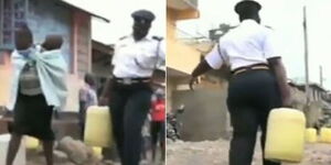 Hellen Mideva, an assistant superintendent of police in Kayole, helps a resident of Kayole fetch water and carry it to the house.