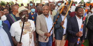 From left: Deputy President William Ruto, Gatundu South MP Moses Kuria, Elgeyo Marakwet Senator Kipchumba Murkomen and former Agriculture CS Mwangi Kiunjuri at June Ruto's engagement party in Karen on Saturday, May 8, 2021