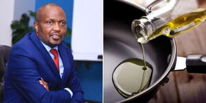 Cabinet Secretary Moses Kuria at a meeting on June 27, 2023 (left) and a stock image of someone pouring oil into a pan (right).