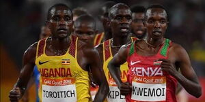 Kenyan athlete Rodgers Kwemoi participates in the men's 10,000 Kilometre race in Doha, Japan in 2019.