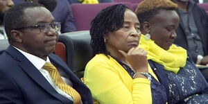 Agano party leader David Mwaure Waihiga and Lady Justice Anna Ngibuini during their daughter's funeral service at CITAM Valley Road on April 21, 2022.