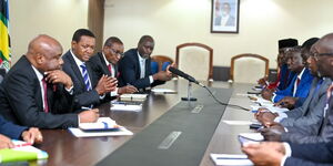 Labour CS Alfred Mutua (second left) meets KNUT leaders on Tuesday, August 13, 2024