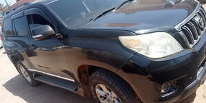 A photo of a black Land Cruiser Prado intercepted by police officers along the Nairobi-Mombasa highway on May 29, 2024,
