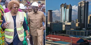 President William Ruto and Lands CS Alice Wahome in Nyeri County on February 16, 2024 (left) and a section of Nairobi CBD.