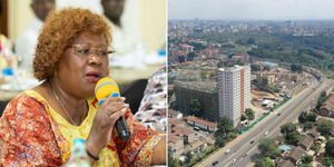 Lands CS Alice Wahome speaking during a stakeholders meeting in May 2024 (left) and an aerial view of Pangani Estate. 