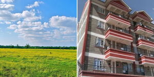 Photo collage between a plot of land and an apartment 