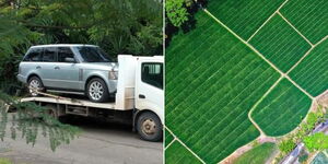 Photo collage of a car carried on a flatbed and an aeria view of a vast prime land 