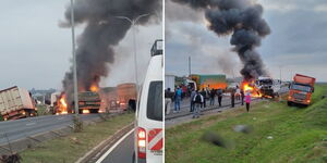 A trailer in flames along the Southern Bypass near the Ole Sereni area in Nairobi on July 23, 2024